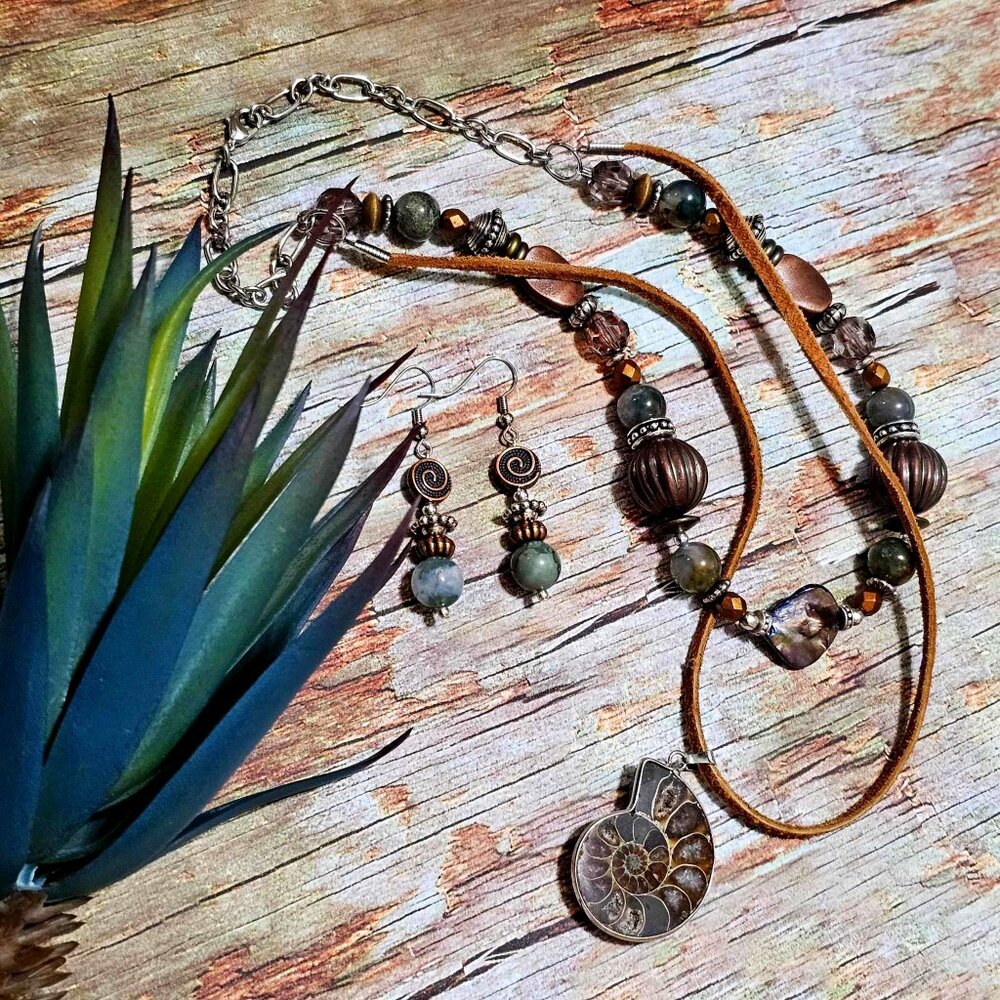 Layered Tier Necklace. Ammonite Fossil. Brown Suede Cord. Beaded.